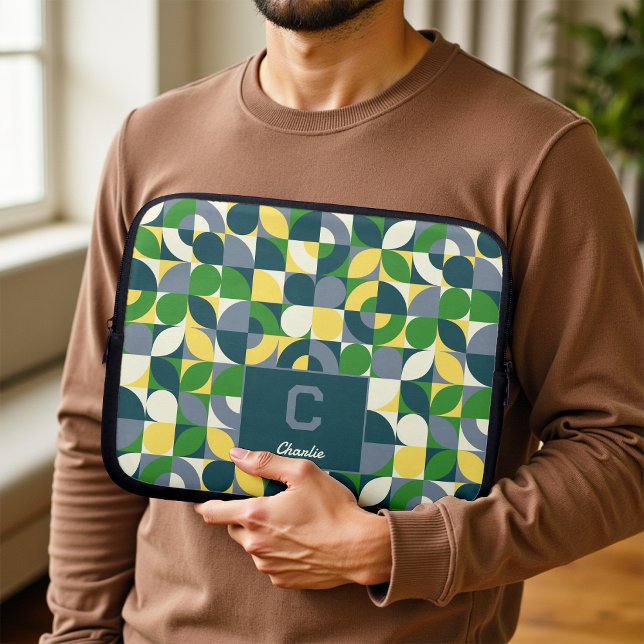 Moderne Bauhaus Abstract Geometrisch Monogram Patr Laptop Sleeve (Creator heeft geüpload)