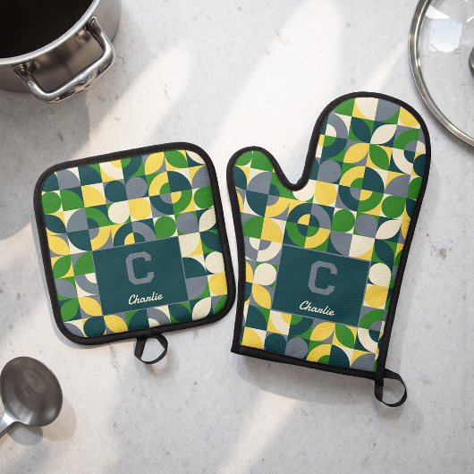 Moderne Bauhaus Abstract Geometrisch Monogram Patr Ovenwant & Pannenlap Set