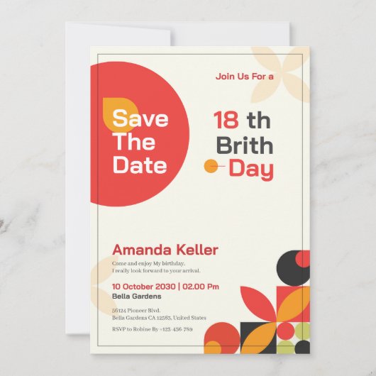 Moderne Bauhaus uitnodiging 18e verjaardag (Voorkant)