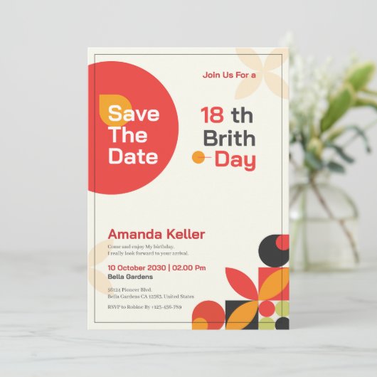 Moderne Bauhaus uitnodiging 18e verjaardag (Staand voorkant)