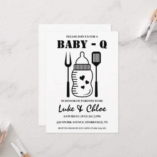 Moderne BBQ babyshower uitnodigingen (Voorkant / Achterkant in situ)