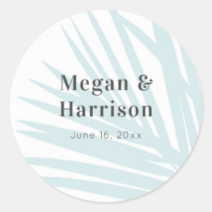 Moderne Beach Blue Palm Trouwlabel Ronde Sticker