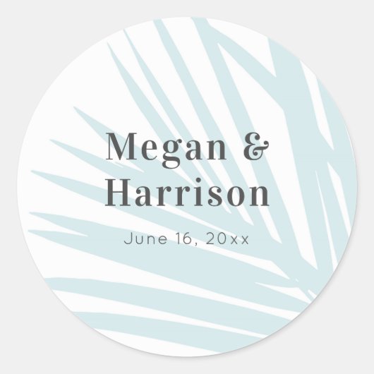 Moderne Beach Blue Palm Trouwlabel Ronde Sticker (Voorkant)