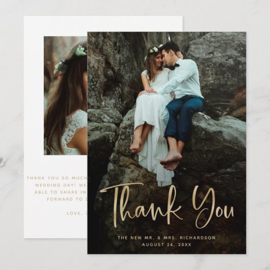 Moderne Bedankt | Faux Gold Script en trouwfoto (Voorkant / Achterkant)