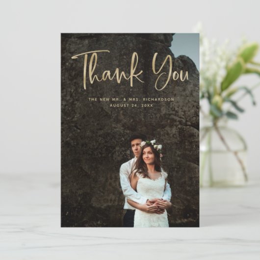 Moderne Bedankt | Faux Gold Script en trouwfoto (Staand voorkant)
