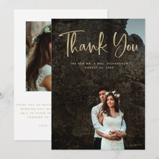 Moderne Bedankt | Faux Gold Script en trouwfoto (Voorkant / Achterkant)