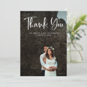 Moderne Bedankt | White Script and Wedding Photo (Staand voorkant)
