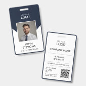 Moderne Bedrijfsmedewerker Naam Foto QR Code Navy  Badge (Voor- en achterkant)