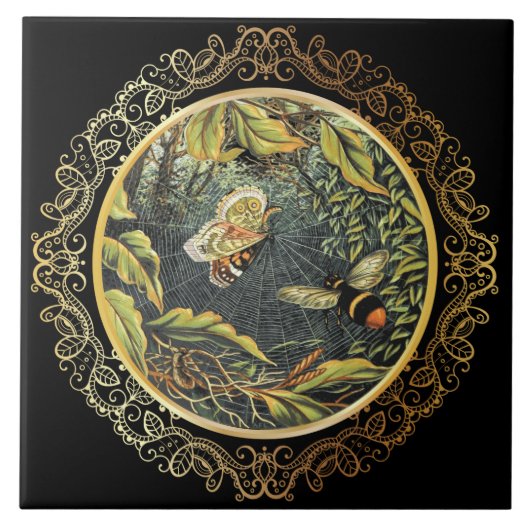 Moderne Bee & Vlinder in Spinnenweb Tegeltje (Voorkant)