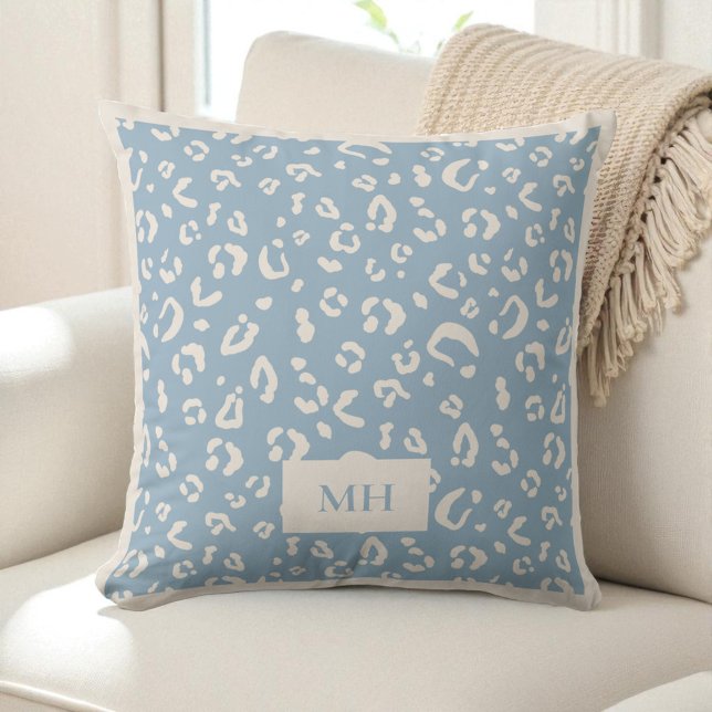 Moderne Beginletters Blauwe Luipaard Stippen Print Kussen (Modern Initials Blue Leopard Spots Print Monogram Throw Pillow)