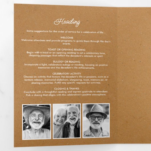 Moderne begrafenis / Memorial Faux Kraft Fotocolla Drieluik Programma (Binnenzijde eerst)