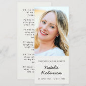 Moderne begrafenis | Memorial Photo Poem Favor Car (Voorkant / Achterkant)