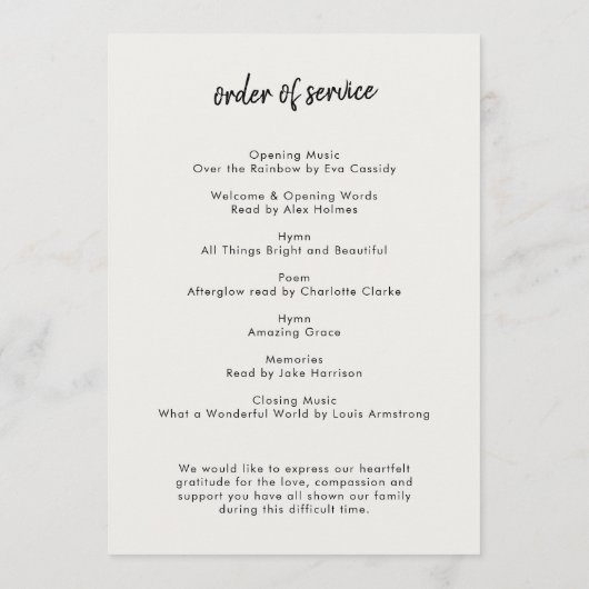 Moderne begrafenis | Orde van de Dag van het Leven Programmakaart (Achterkant)