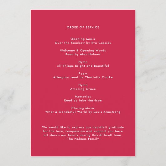 Moderne begrafenis | Roze viering van het Life-pro Programmakaart (Achterkant)