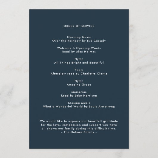 Moderne begrafenis | Scheepsblauwe viering van het Programmakaart (Achterkant)