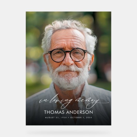 Moderne begrafenisfoto in liefdevolle herinnering acryl bord (Voorkant)