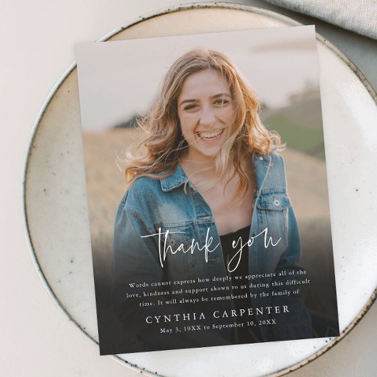 Moderne begrafenisherdenking Foto bedankt Briefkaart