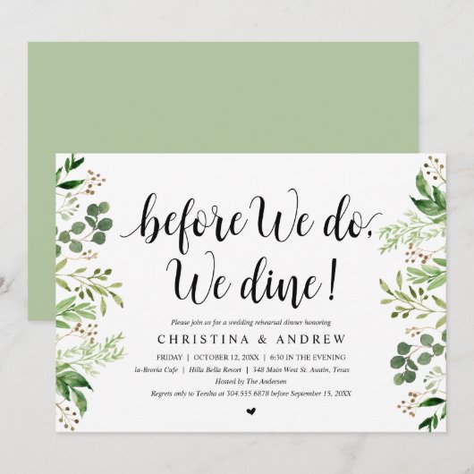 Moderne Begroeiing, Oefenbruiloft Dinner Kaart (Voorkant / Achterkant)