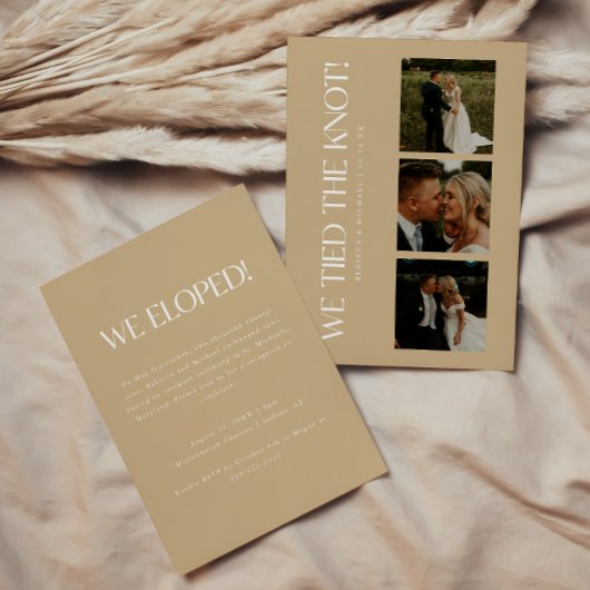 Moderne Beige 3-foto Elopement bruiloft receptie Kaart
