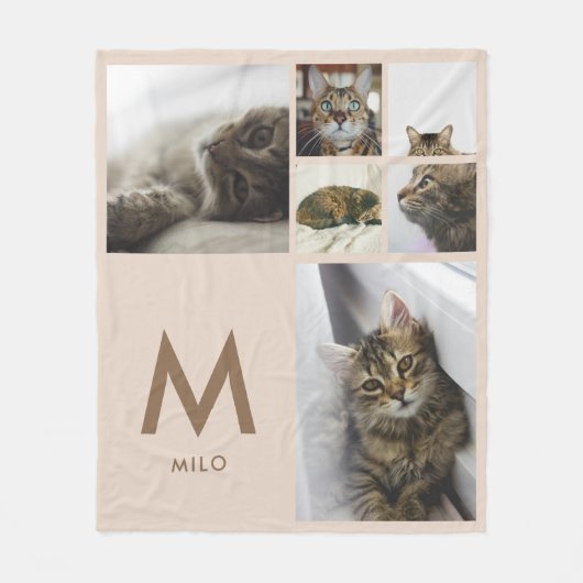 Moderne Beige 6 Foto Collage Huisdier Monogram Fleece Deken (Voorkant)