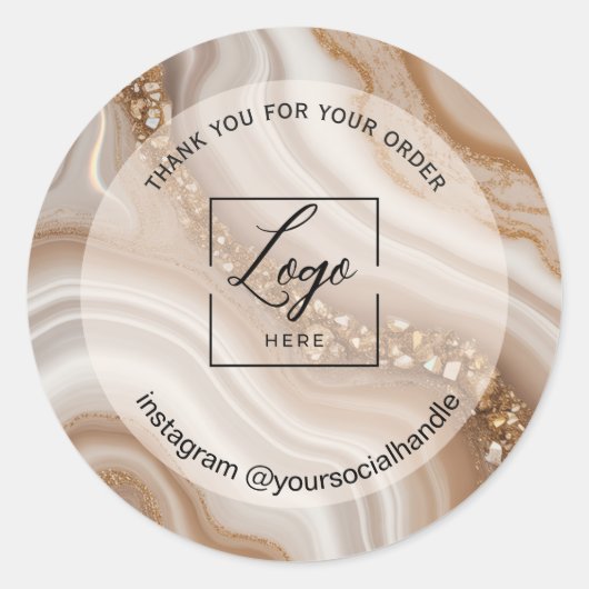Moderne beige aangepaste logo naam witte bedankt ronde sticker (Voorkant)