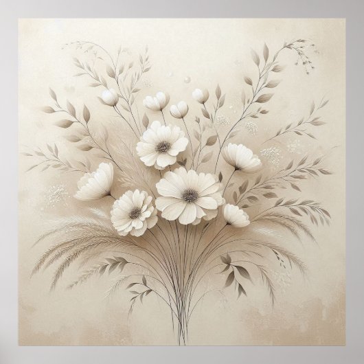 Moderne Beige Bloemen 17 Poster (Voorkant)