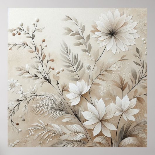 Moderne beige bloemen 1 Poster (Voorkant)