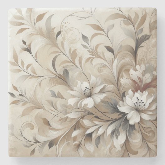 Moderne beige bloemen 4 stenen onderzetter (Voorkant)