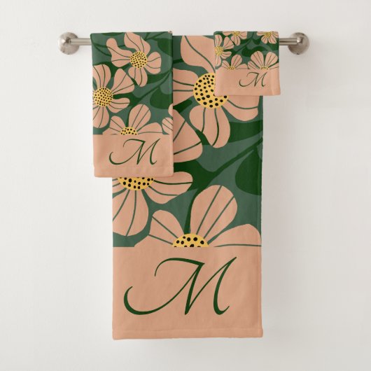 Moderne beige bloemen met groene bladeren bad handdoek (Insitu)