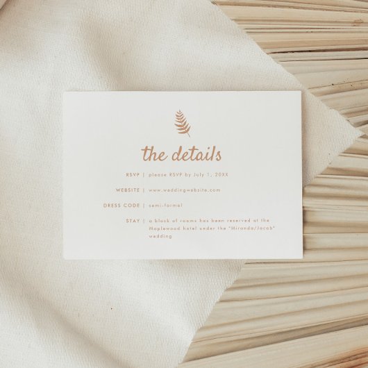 Moderne Beige Bloemen Palm Leaf Wedding Details Informatiekaartje