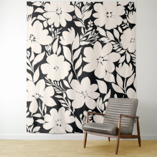 Moderne Beige Bloemen Zwart Botanisch Wandkleed