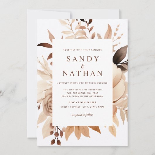 Moderne Beige Boho Bloemen Bruiloftsinvatie Kaart (Voorkant)