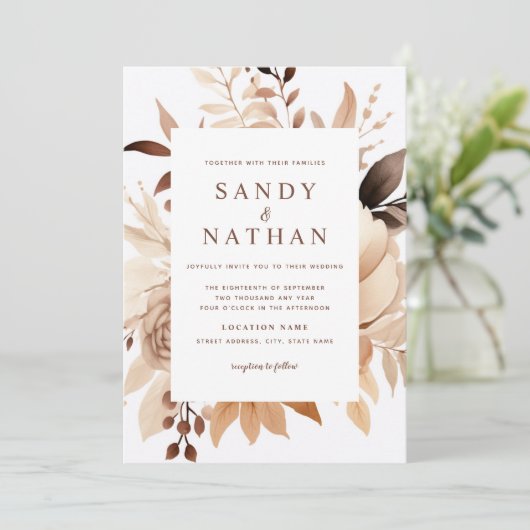 Moderne Beige Boho Floral bruiloft uitnodiging (Staand voorkant)