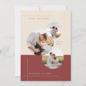Moderne Beige & Bourgondische Inline Trouwfoto Save The Date (Voorkant)