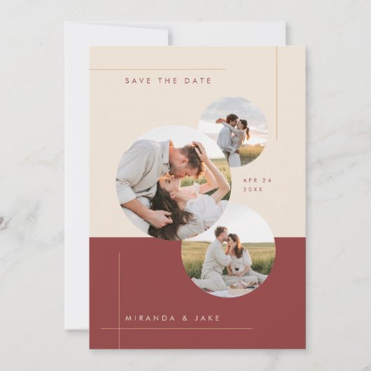 Moderne Beige & Bourgondische Inline Trouwfoto Save The Date (Voorkant)