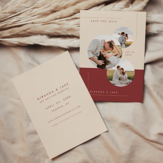 Moderne Beige & Bourgondische Inline Trouwfoto Save The Date