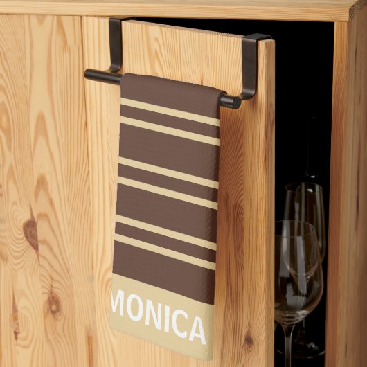 moderne Beige & Bruine Strepen Patroon Aangepaste Theedoek (Derde Gevouwen)