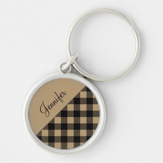 Moderne Beige Buffalo Plaid Geruite Patroonnaam Sleutelhanger (Voorkant)