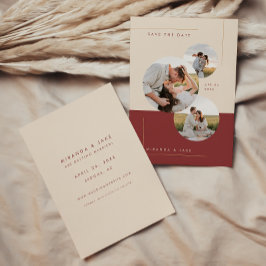 Moderne Beige & Burgundy Inline Trouwfoto Save The Date