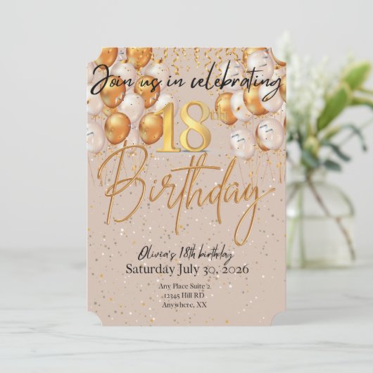 Moderne Beige en Gouden Verjaardag Uitnodiging (Staand voorkant)