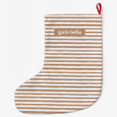 Moderne beige en witte strepen met naam grote kerstsok (Achterkant)