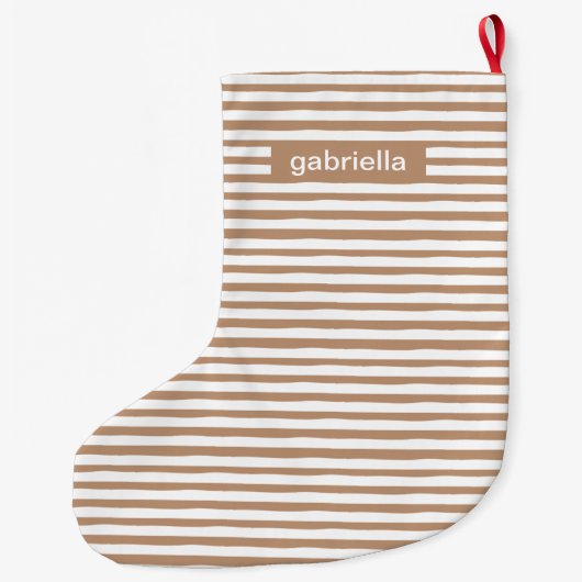 Moderne beige en witte strepen met naam grote kerstsok (Achterkant)