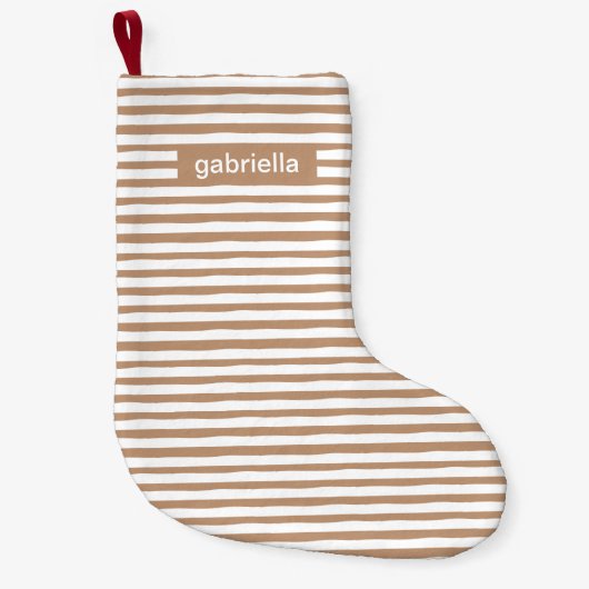 Moderne beige en witte strepen met naam kleine kerstsok (Voorkant)