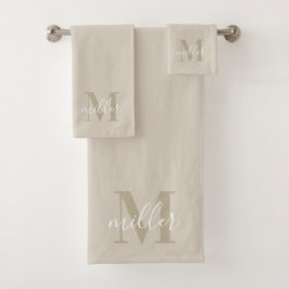Moderne Beige Gepersonaliseerde Familienaam Monogr Bad Handdoek