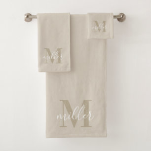 Moderne Beige Gepersonaliseerde Familienaam Monogr Bad Handdoek