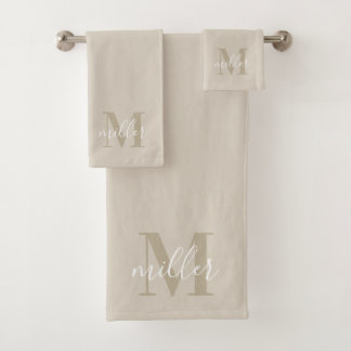 Moderne Beige Gepersonaliseerde Familienaam Monogr Bad Handdoek