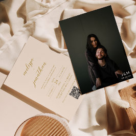 Moderne Beige Gouden Foto Monogram QR code Bruilof Kaart