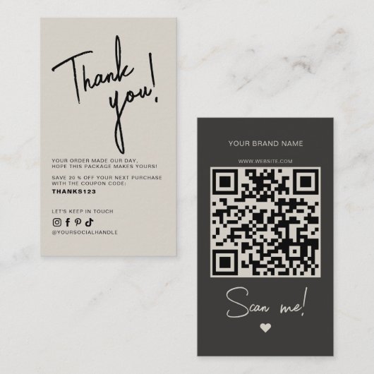 Moderne beige grijze bestelling dank u QR-code Visitekaartje (Voorkant / Achterkant)