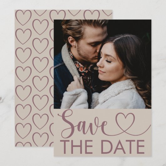 Moderne Beige & Maroon Foto & Hart Save the Date (Voorkant / Achterkant)