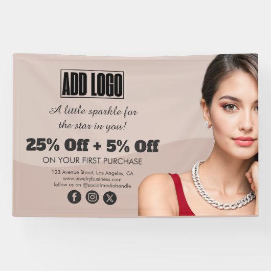 Moderne Beige Mode Sieraden Business Logo Spandoek (Horizontaal)